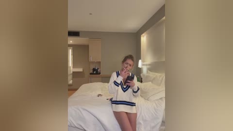 Media: Video of a blonde woman in a white cheerleading uniform, sitting on a bed in a minimalist, beige-toned hotel room, holding a phone, taking a selfie.