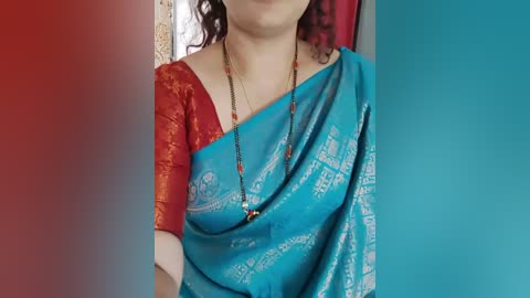 Media: A video of a woman in a teal sari with a red border, wearing a gold necklace, and a gold and red blouse, against a red and teal backdrop.