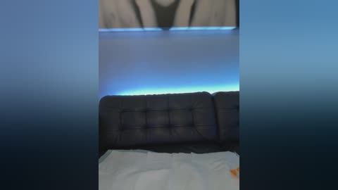 Media: A video of a dark gray, tufted leather couch with a light blue LED strip under the seat, against a blue wall, with a white blanket partially covering it.