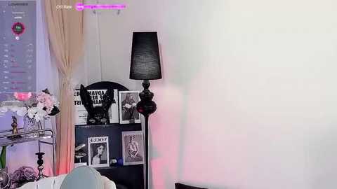 Media: Video of a bedroom with a black lamp, pink walls, and a TV screen showing a video feed of a person.