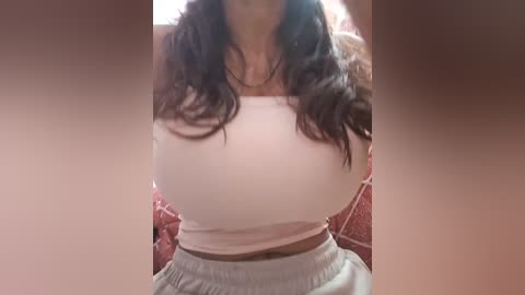 Media: Video of a woman with long, wavy black hair, wearing a tight, light pink crop top that accentuates her large breasts, and loose, gray sweatpants. She sits on a patterned couch with red and white accents.