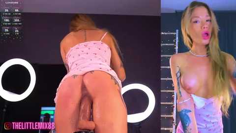 Media: A video of two women in separate scenes: one, a blonde in a pink dress bent over, showing her buttocks; the other, a blonde in a sheer top, her breasts exposed.