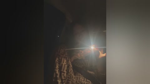 Media: A dimly lit video captures a person in a dark room, partially obscured by a flash of light. The subject is wearing a plaid shirt, and the background is shadowy and indistinct.