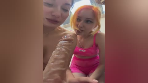 Media: Video of a topless, fair-skinned woman with orange hair, licking a large erect penis, while a similarly fair-skinned woman with pink hair, wearing a pink sports bra and shorts, watches.