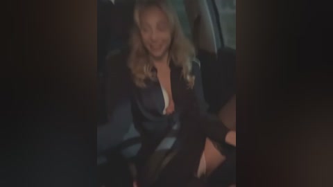 Media: A dimly lit video of a blonde woman with wavy hair, wearing a dark jacket and sitting in a car at night, her face partially obscured.