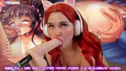 Media: A digital drawing featuring a red-haired woman with cat ears, sucking a large, erect penis while wearing headphones. Text overlays include Chinese characters and a watermark.