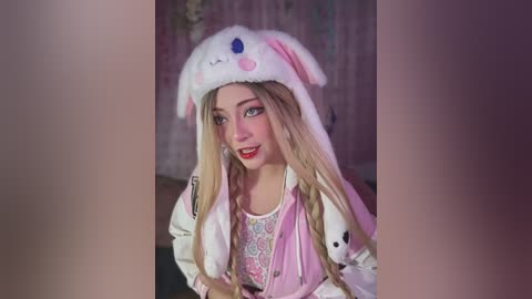 Media: Video of a young woman with long blonde hair, wearing a fluffy white bunny hat with pink ears, a pink jacket, and a colorful floral top, smiling against a pastel-colored, textured background.