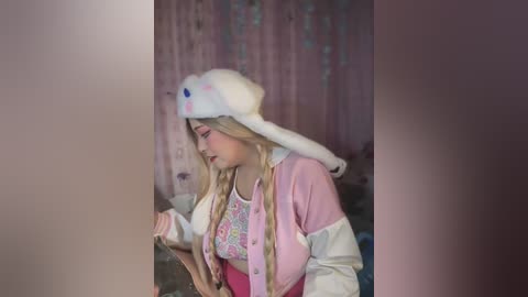 Media: A video of a young Asian woman with long blonde hair wearing a fluffy white rabbit hat, pink jacket, and floral blouse, indoors with pink curtains in the background.