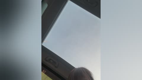 Media: A video of a person's head and shoulders seen from below, looking up through a sunroof at a clear, light blue sky. The person's hair is partially visible.