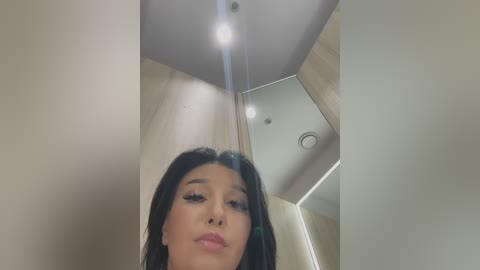 Media: A video of a young woman with long black hair, wearing bold makeup, looking upward, in a modern, well-lit bathroom with a glass shower door and a ceiling light.