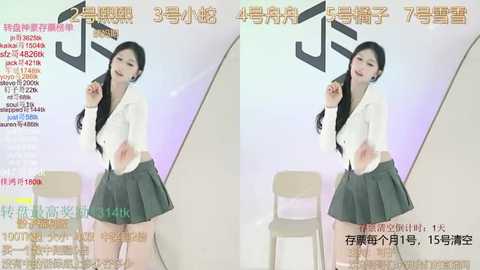 Media: Video of a slender, fair-skinned East Asian woman with long black hair, wearing a white blouse and grey pleated skirt, singing into a microphone in front of a white backdrop.