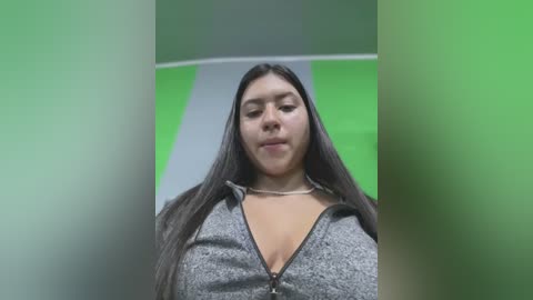 Media: Video of a Latina woman with long dark hair, wearing a grey zip-up hoodie, standing in a green-lit room with blurred background.