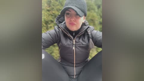 Media: Video of a fair-skinned woman with dark hair, wearing a black beanie and puffer jacket, seated outdoors on grass.