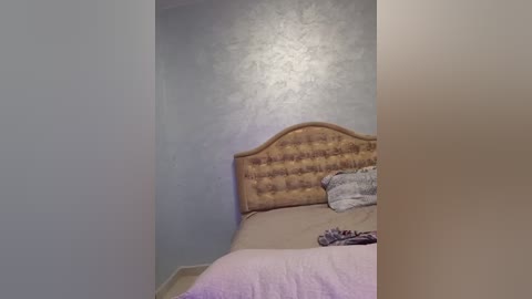 Media: A video of a simple bedroom with a beige headboard, light purple bedspread, and a textured, light blue wall.