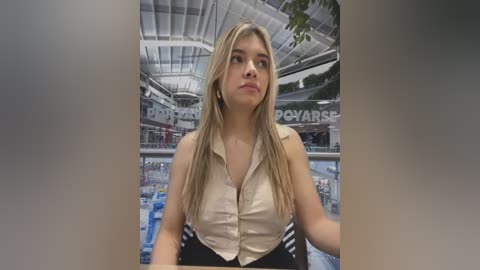 Video of a blonde woman with long hair in a sleeveless beige blouse, sitting in a modern indoor swimming pool area with high ceilings and large windows.