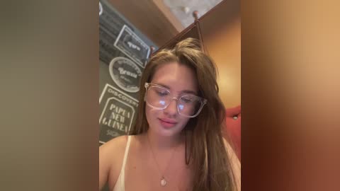 Media: Video of a young Caucasian woman with long brown hair, wearing glasses, a white tank top, and a necklace, standing in front of a chalkboard wall with \"Pari Laine\" and \"Paris\" written on it.