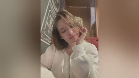 Media: Video of a young, fair-skinned woman with light brown hair, wearing a white hoodie, leaning on a red chair, eyes closed, appearing relaxed in a cozy, warmly lit room with wooden accents.