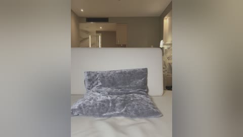 Media: Video of a minimalist, modern bedroom with a white bed, gray blanket, beige walls, and an air conditioning unit in the background.