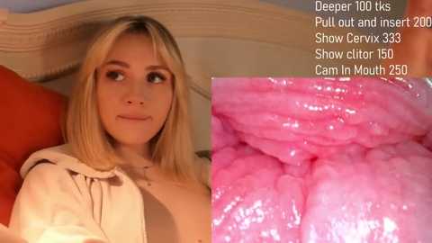 A video of a young woman with straight blonde hair, wearing a beige hoodie, and a close-up of her pink, swollen cervix.