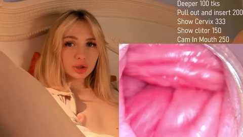 Video of a young blonde woman with fair skin and medium-sized breasts, wearing a white blouse. She is positioned in a close-up, revealing a deep throat and pull-out and insert scene.