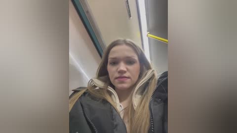 Media: Video of a young Caucasian woman with long blonde hair, wearing a black puffy jacket, sitting in a subway car with yellow poles.