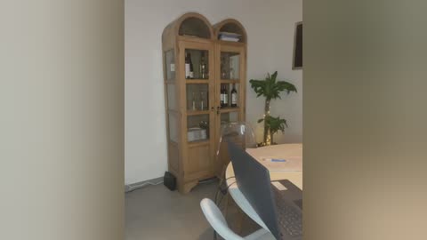 Media: Video of a modern, light-colored office with a wooden cabinet, green potted plant, white chairs, and a desk.