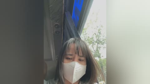 Media: Video of a young Asian woman with straight, shoulder-length brown hair and a white face mask, sitting in a car. She is framed by the car's interior, with a blue fabric covering the windshield. The background shows green foliage.