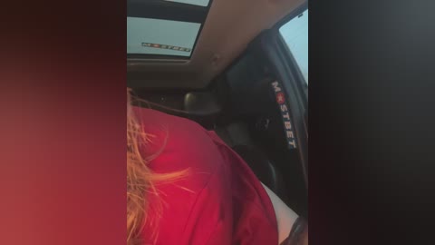 Media: Video of a woman's head, partially obscured, in a red shirt, leaning over the car's center console, with a beige roof and a \"Nissan\" logo visible.