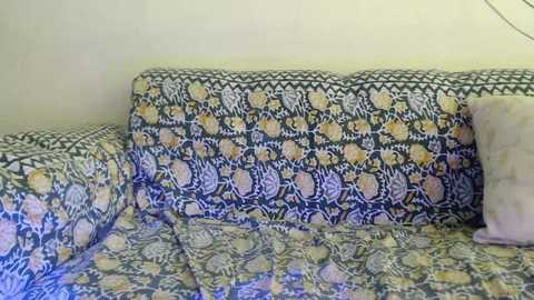 Media: Video of a couch with a vibrant, floral-patterned fabric in shades of blue, yellow, and white. The couch sits against a plain, off-white wall, with a light beige pillow on its right side.