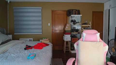 Media: Video of a cluttered bedroom with a beige wall, a window with white blinds, a bed with gray bedding, a pink gaming chair, a wooden door, a bookshelf, and a fan.