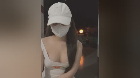 Media: Video of a masked woman in a white tank top and cap, standing in a dimly lit hallway at night.