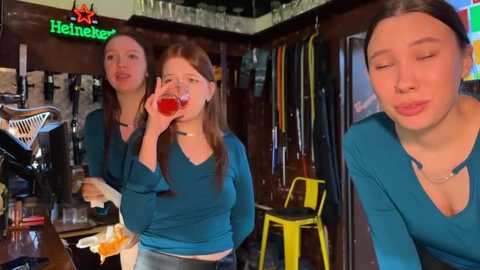 Media: Video of three young women in a Heineken-themed bar, wearing teal shirts, drinking beer. Background features Heineken signage, beer taps, and colorful bar stools.