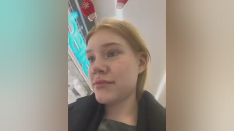 Media: Video of a fair-skinned, blonde woman with a neutral expression, wearing a black coat. Background shows a grocery store shelf with blue and red packaging, blurry.