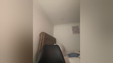 Media: Video of a small, dimly lit bedroom with a beige upholstered headboard, a bed with white sheets, and a framed abstract art piece on the wall.