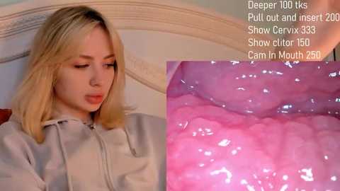 Media: A video juxtaposes a young blonde woman with straight hair in a grey hoodie against a close-up of pink, glistening cervix tissue.