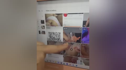 Media: Video of a smartphone screen displaying a social media app with six images: two of a woman's bare breasts, two of her face, and two of a QR code. A hand is swiping left.