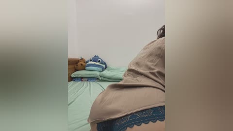 Media: A video captures a person in a light brown top and blue lace panties, lying on a bed with a stuffed shark and teal sheets. The background is a plain white wall, giving a cozy, intimate bedroom ambiance.