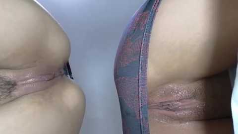 Media: Video of two shaved vaginas in close-up, side-by-side, showcasing different skin tones and textures. The background is a neutral, light blue wall.