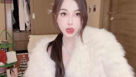 Media: Video of a young Asian woman with long, straight brown hair, fair skin, and red lipstick, wearing a white fur coat, sitting in a bedroom with beige walls and wooden doors.