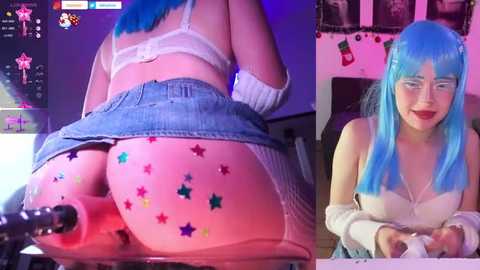 Media: Video of a woman with blue hair, wearing a white bra and denim skirt, sitting on a chair. Her buttocks are adorned with colorful star stickers.