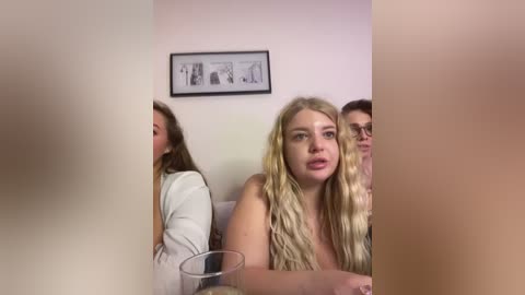 Media: A video shows three women seated at a table, two partially obscured by a blurry figure. One blonde woman with long hair, wearing a white top, appears distressed. The background features a framed black and white photo.