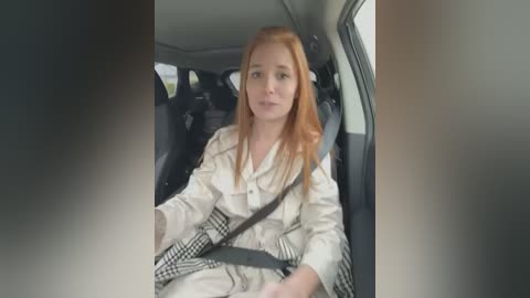 Media: A video of a young, fair-skinned woman with long, straight red hair, wearing a beige plaid jacket, sitting in a car seat with a seatbelt. The background shows a dark car interior.