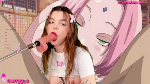 Media: Video of a young woman with long, wavy brown hair, wearing a white crop top with a pink butterfly, engaging in oral sex with a large, erect penis. Background shows a pink-haired anime character.