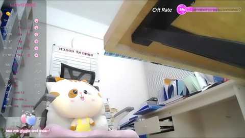 Media: Video of a white, fluffy cat with orange ears and a yellow collar sitting in a messy, cluttered office with papers, monitors, and a chart on the wall.