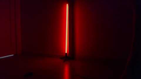 Media: Video of a neon-lit cylindrical object, emitting a bright red glow, placed in a dimly lit, minimalist room with smooth, reflective walls. The image conveys a sense of isolation and modern minimalism.