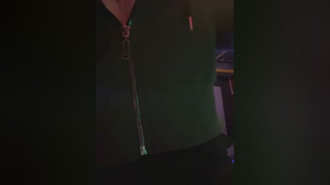 Media: A dimly-lit video captures the upper torso of a person wearing a dark green zip-up jacket, partially zipped, with a small red logo on the left sleeve. The background is blurred, suggesting an indoor setting.