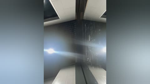 Media: Video of a modern, angular hallway with a glass ceiling, showing a lens flare effect. The walls and ceiling are sleek, white, and reflective, with a slight blue tint. The floor is black and glossy.