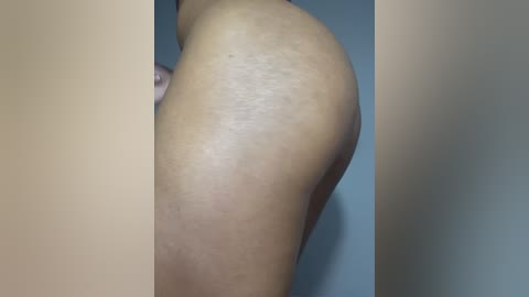 Media: Video of a nude person's buttocks from the side, showcasing smooth, light-brown skin with slight dimples and a soft, natural texture. The background is plain, light blue, with minimal details.