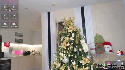 Media: Video of a modern, well-decorated living room with a tall, gold and white Christmas tree, plush toys, and a white kitchen in the background.