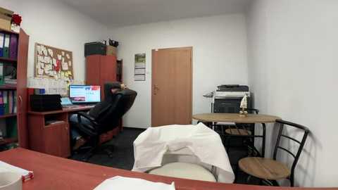 Media: Video of a sparsely furnished office with a person in a black chair typing at a computer, a white-clothed table, a printer, and bookshelves in the background.